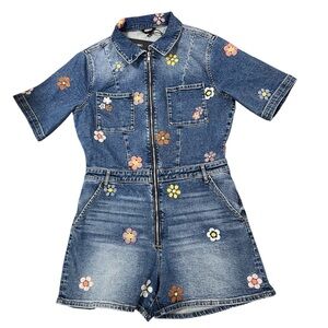 Driftwood Floral Embroidered Denim Romper Jumpsuit Sz XL NWT